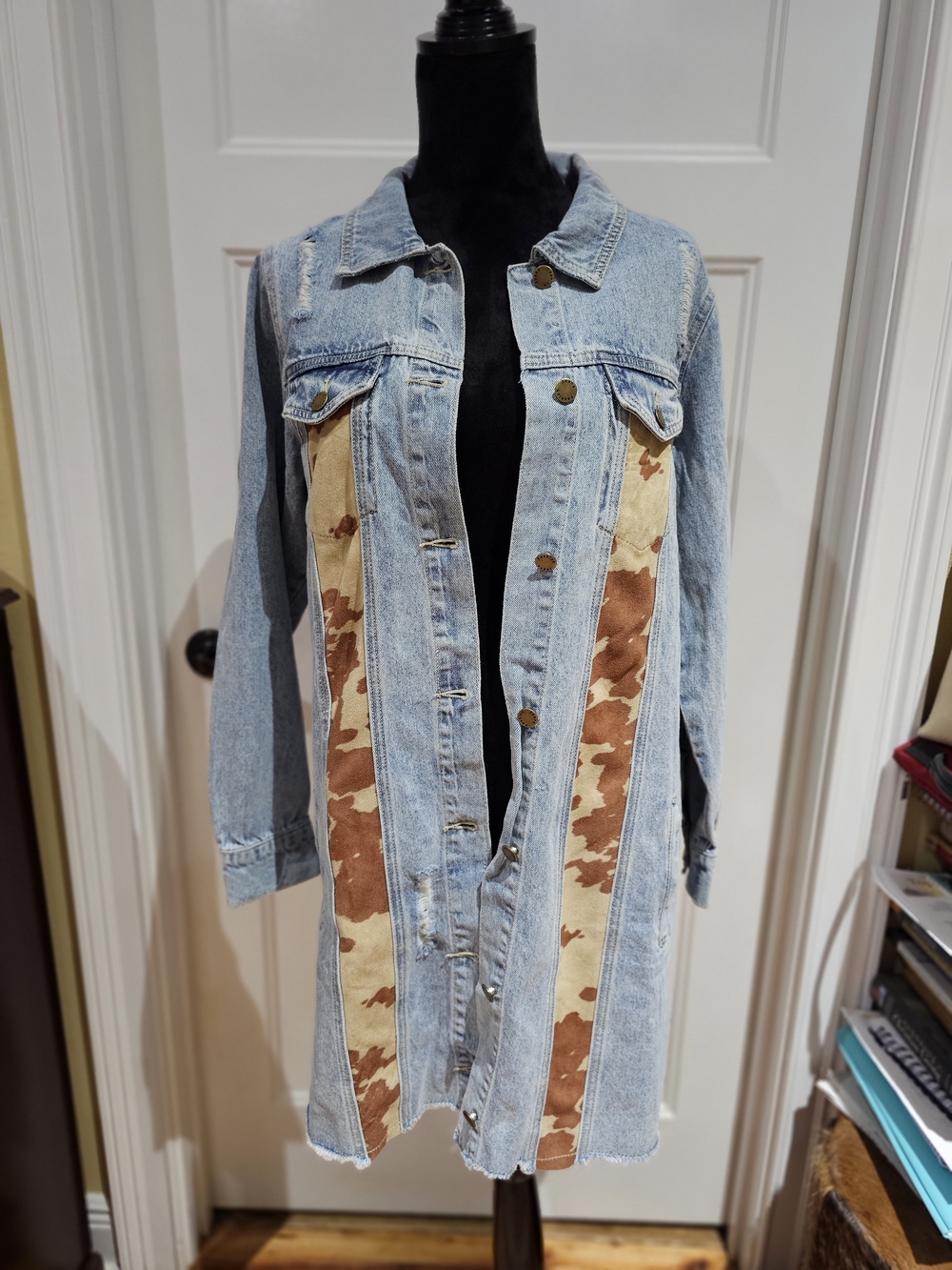 Light Wash Denim Jacket with Brown Cow Print Panels